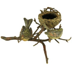 Antique Vienna Bronze Birds on a Branch with Nest