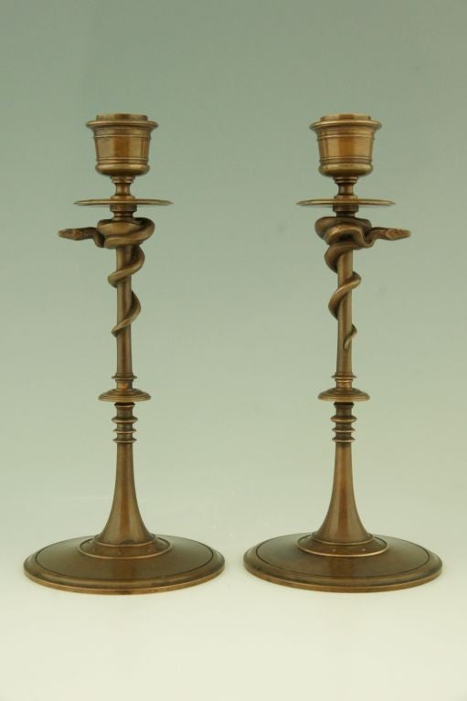 Antique Bronze Snake Candlesticks by Barbedienne