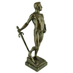 Antique Bronze Sculpture of a Sword Fighter by Karl P. Kowaclzewski, 1898