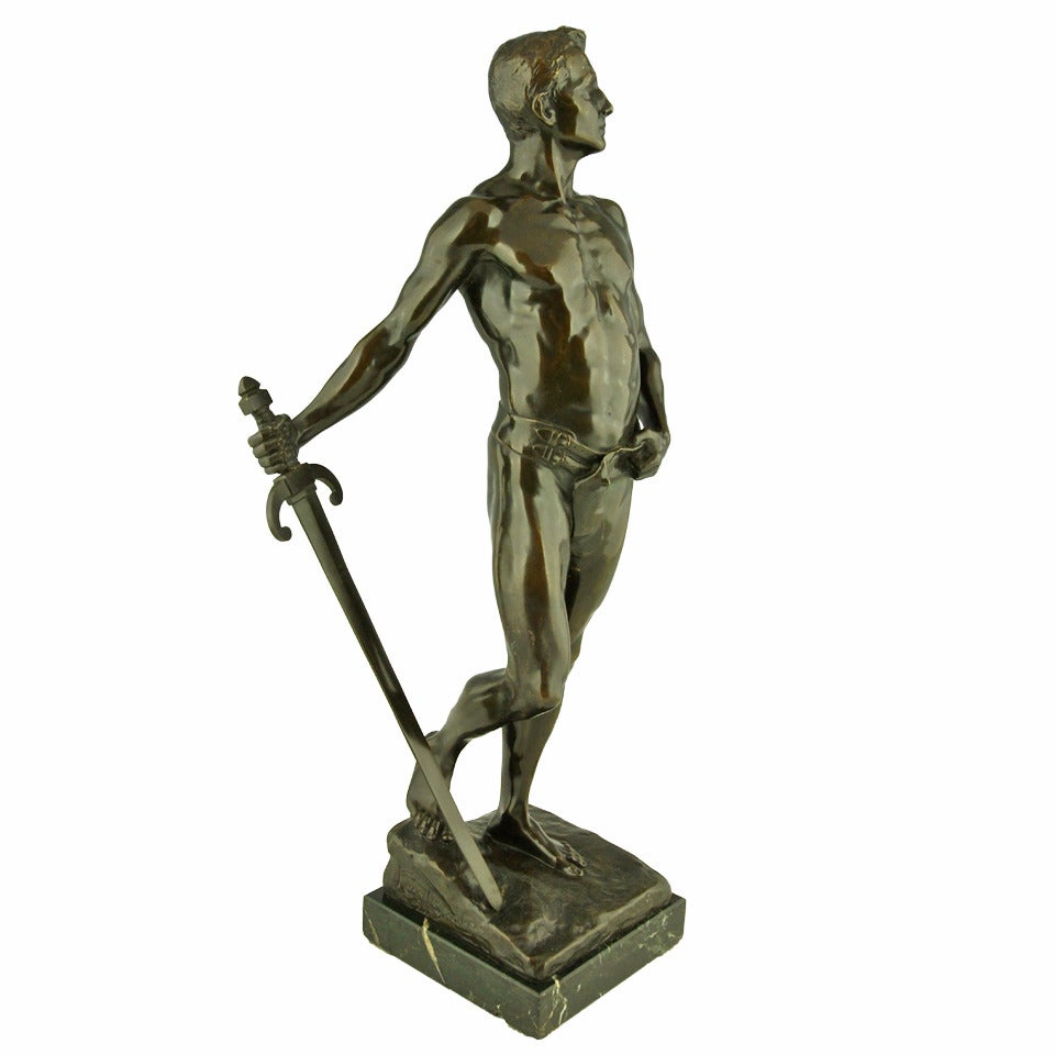 Antique Bronze Sculpture of a Sword Fighter by Karl P. Kowaclzewski, 1898