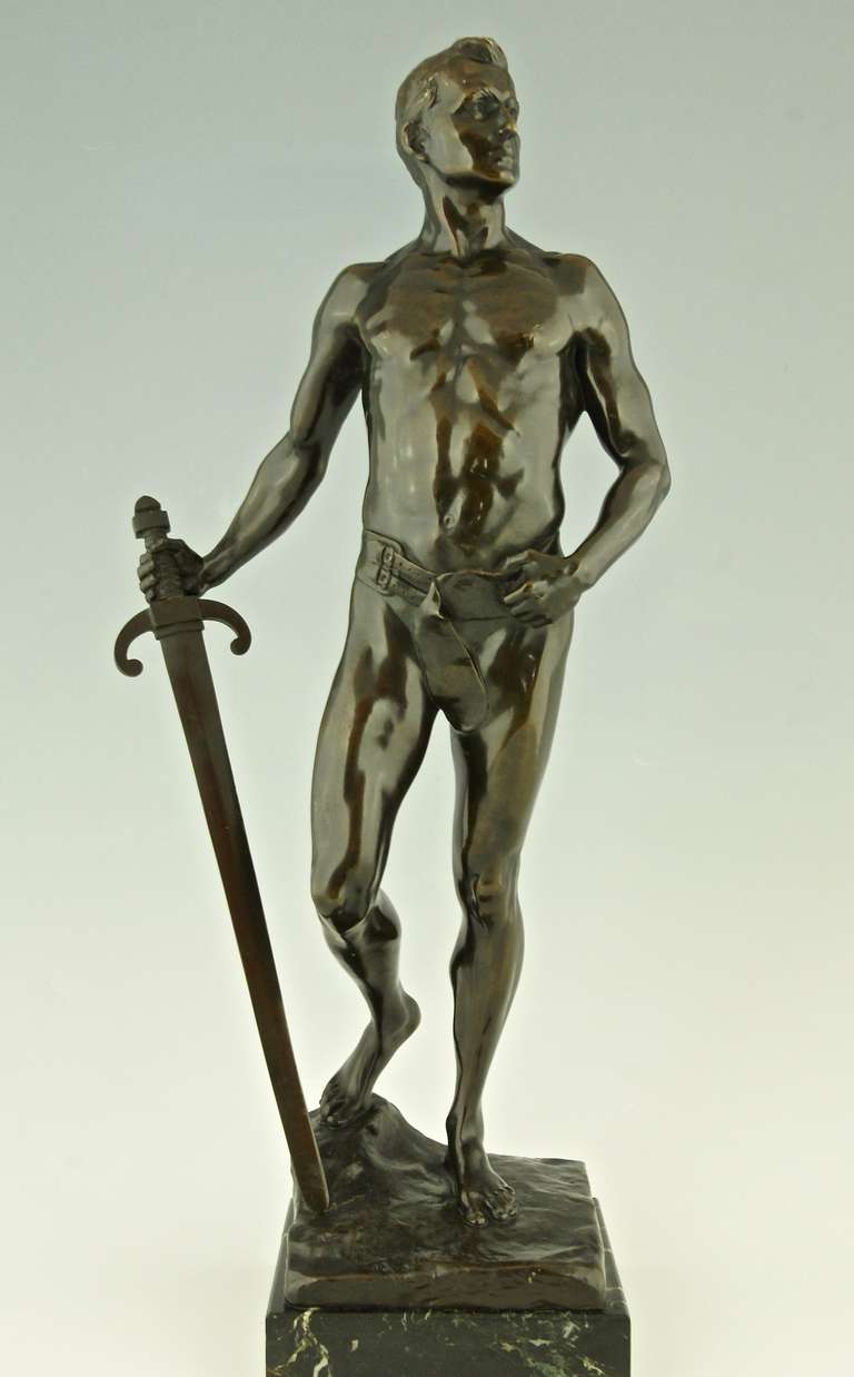 Antique Bronze Sculpture of a Sword Fighter by Karl P. Kowaclzewski, 1898