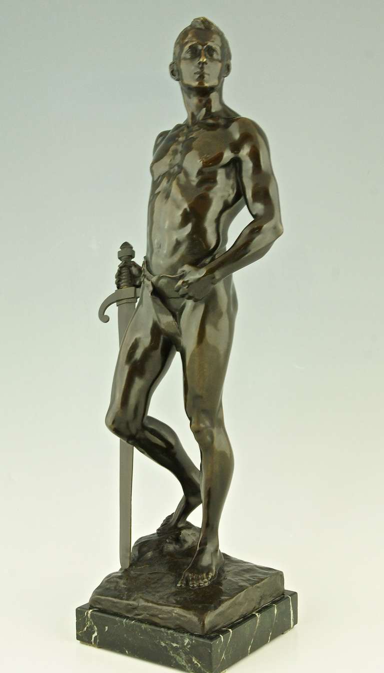 Romantic Antique Bronze Sculpture of a Sword Fighter by Karl P. Kowaclzewski, 1898