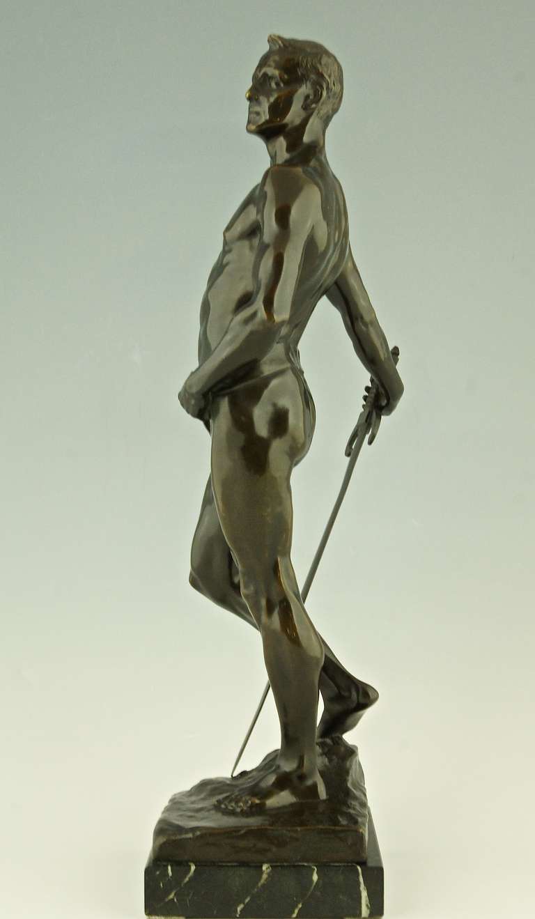 German Antique Bronze Sculpture of a Sword Fighter by Karl P. Kowaclzewski, 1898