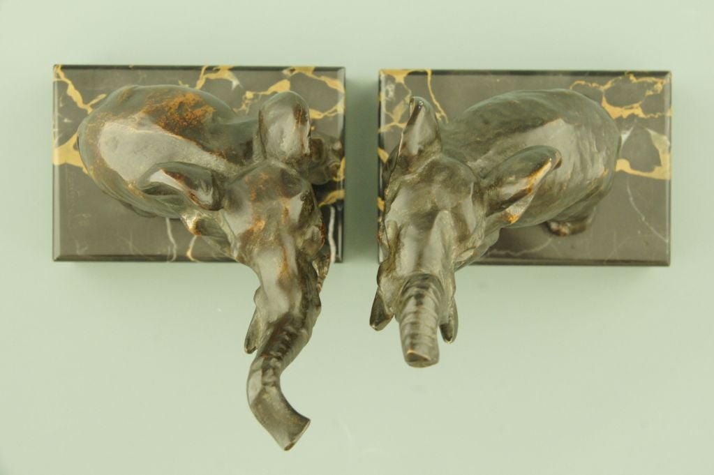 Marble Art Deco Bronze Elephant Bookends by Fontinelle