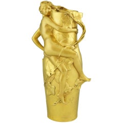 Antique Art Nouveau Gilt Bronze Vase with Nude by Maurice Bouval