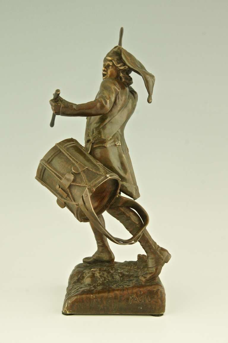 Romantic A bronze of a drummer boy by Léon Fagel, France 1905.