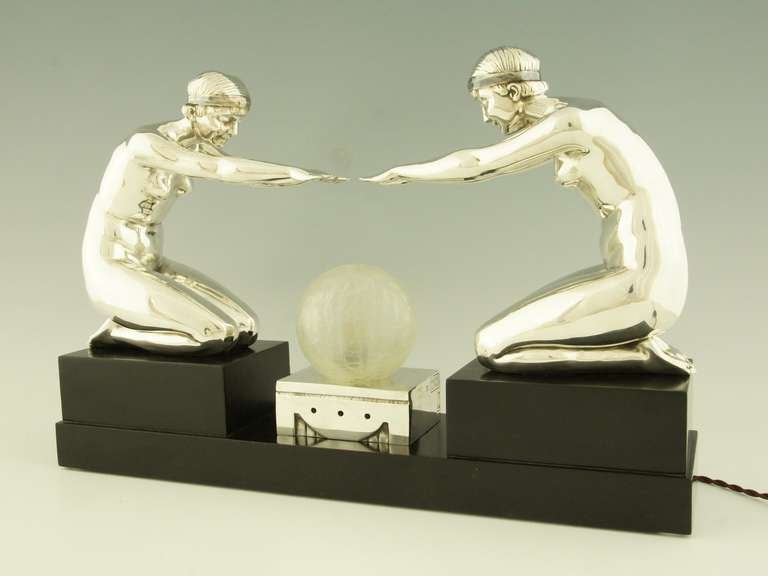 Art Deco silvered bronze lamp with two kneeling nudes by Pierre Lenoir 2