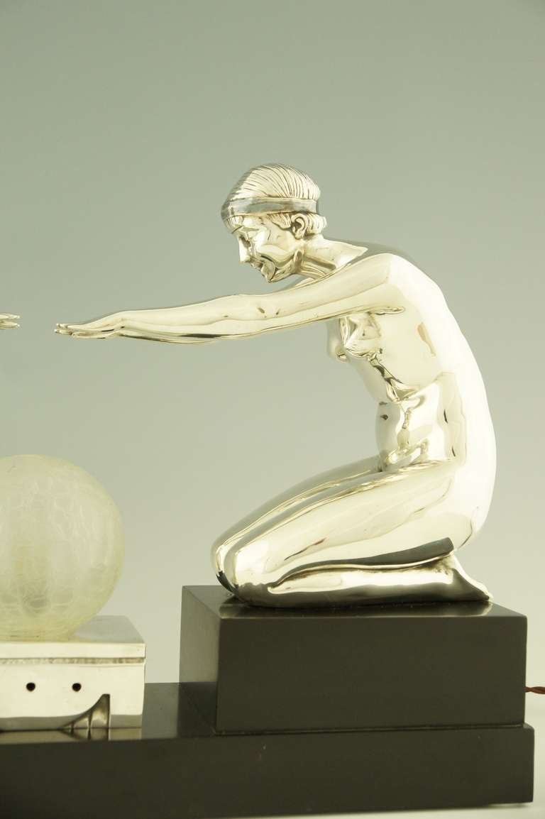Art Deco silvered bronze lamp with two kneeling nudes by Pierre Lenoir 3