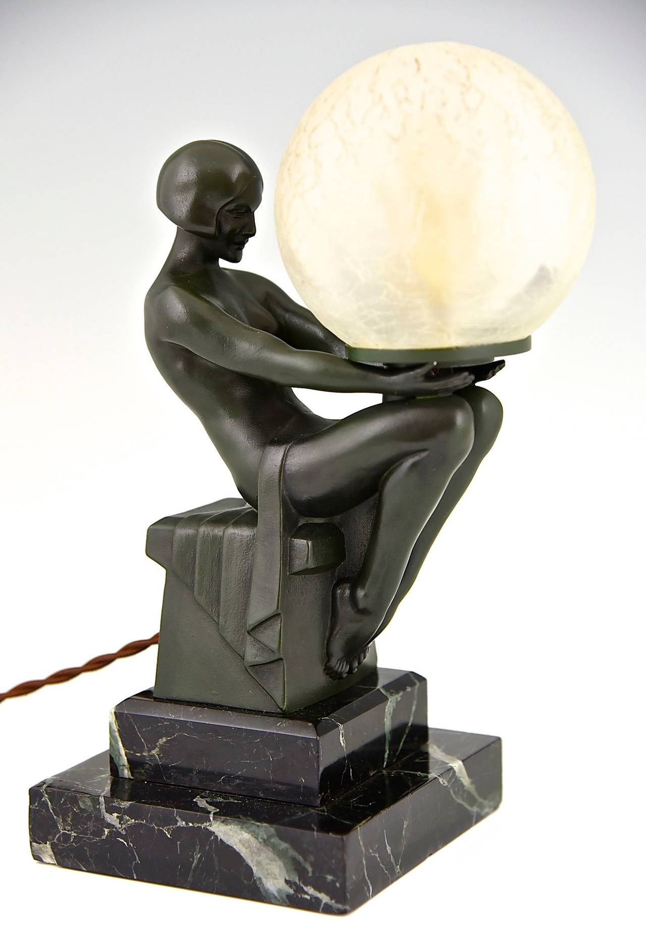 Patinated French Art Deco Lamp with Nude by Max Le Verrier, 1930