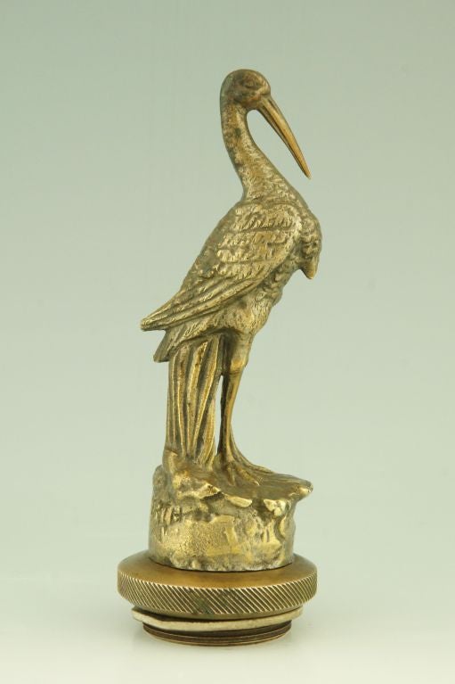 French Art Deco Car Mascot of a Stork Standing on a Rock by Omerth