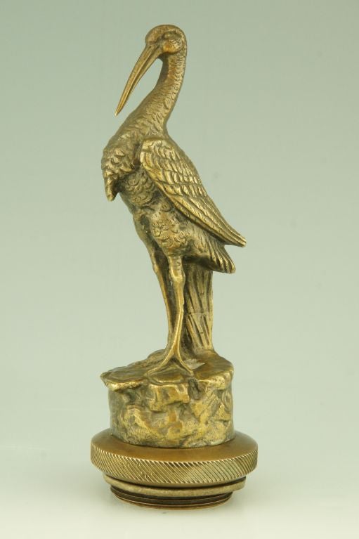 Bronze Art Deco Car Mascot of a Stork Standing on a Rock by Omerth