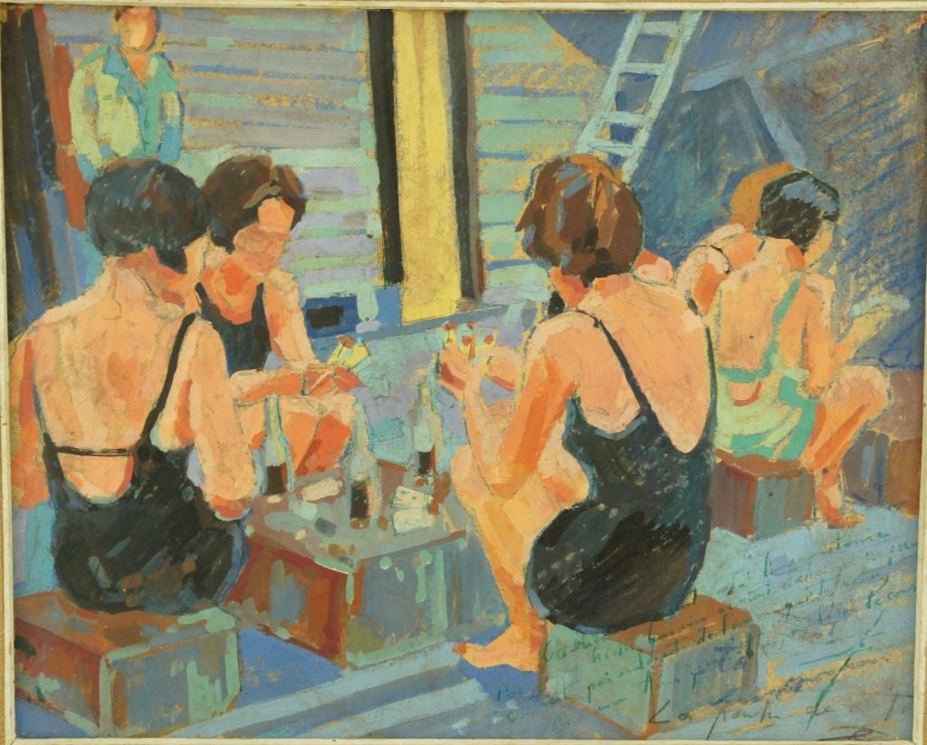 Art Deco painting, girls in bathing suits playing cards. Framed.
Ecole de Normandie.
France. 
Text and monogram.

Fedex shipping: $ 175.