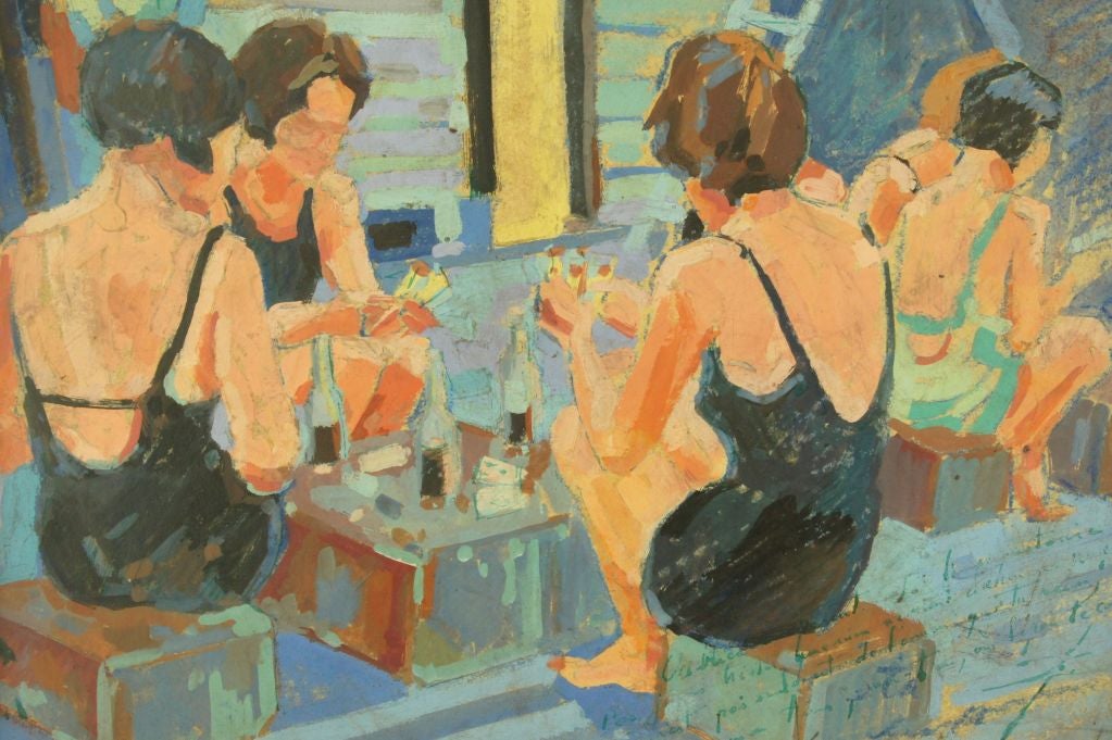 Art Deco Painting, Girls In Bathing Suits Playing Cards. 1