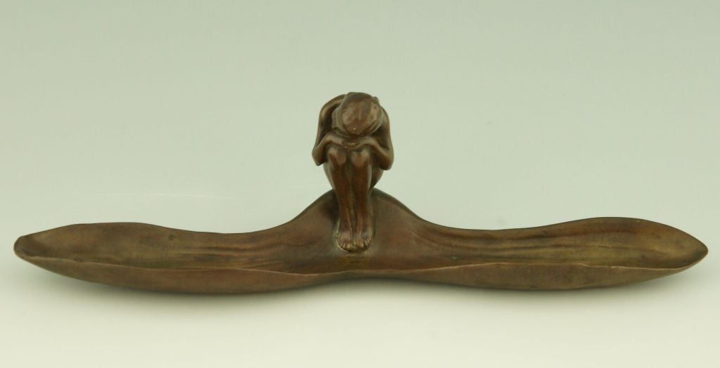 Art Nouveau Bronze Tray with Girl Sitting on a Leaf by Hartmann