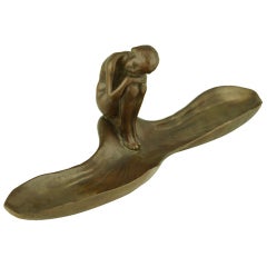 Art Nouveau Bronze Tray with Girl Sitting on a Leaf by Hartmann