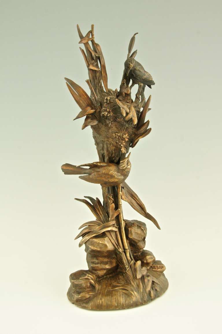 French Antique Bronze Sculpture of Birds at a Nest by A. Arson