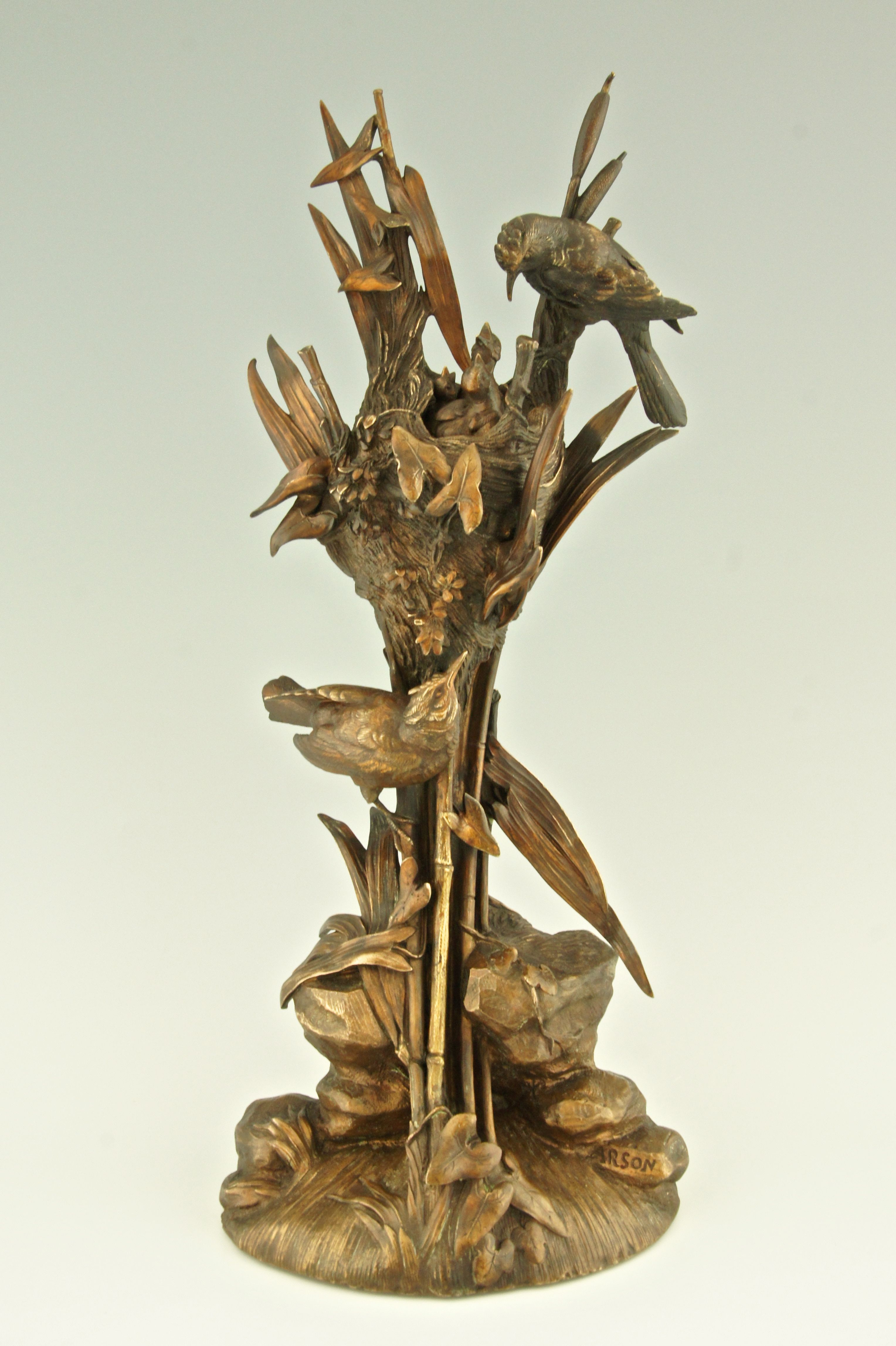 Antique Bronze Sculpture of Birds at a Nest by A. Arson