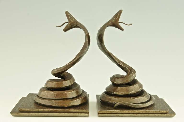 Pair of Art Deco Wrought Iron Cobra Bookends by Edgar Brandt