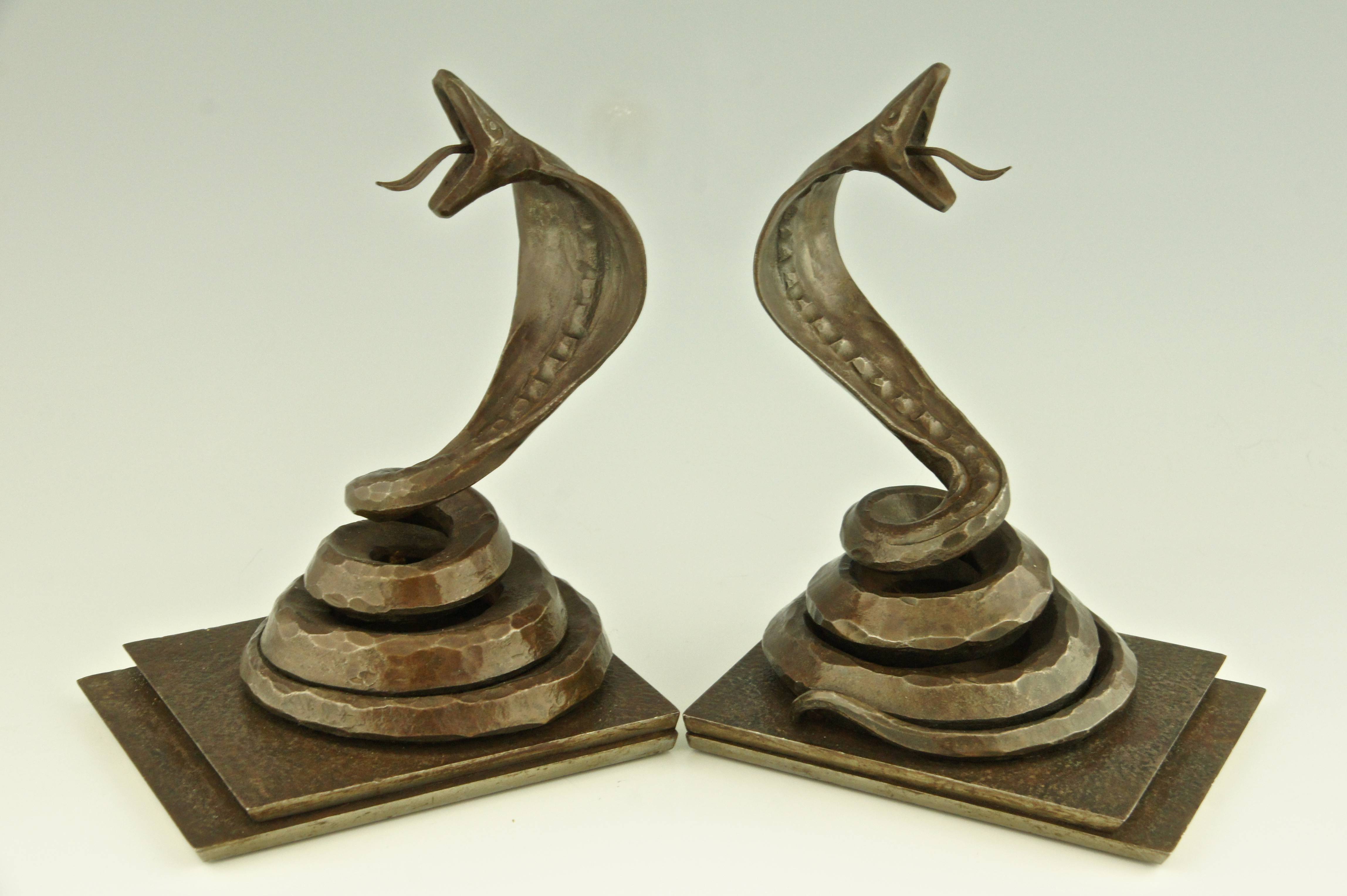 Pair of Art Deco Wrought Iron Cobra Bookends by Edgar Brandt