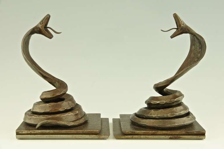 French Pair of Art Deco Wrought Iron Cobra Bookends by Edgar Brandt