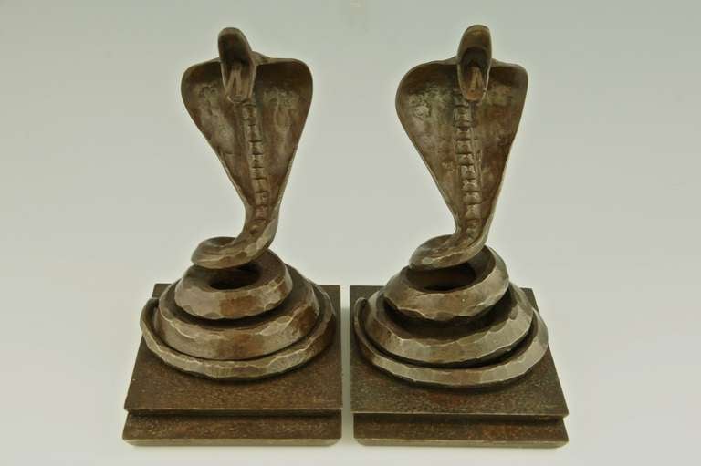 Pair of Art Deco Wrought Iron Cobra Bookends by Edgar Brandt 1