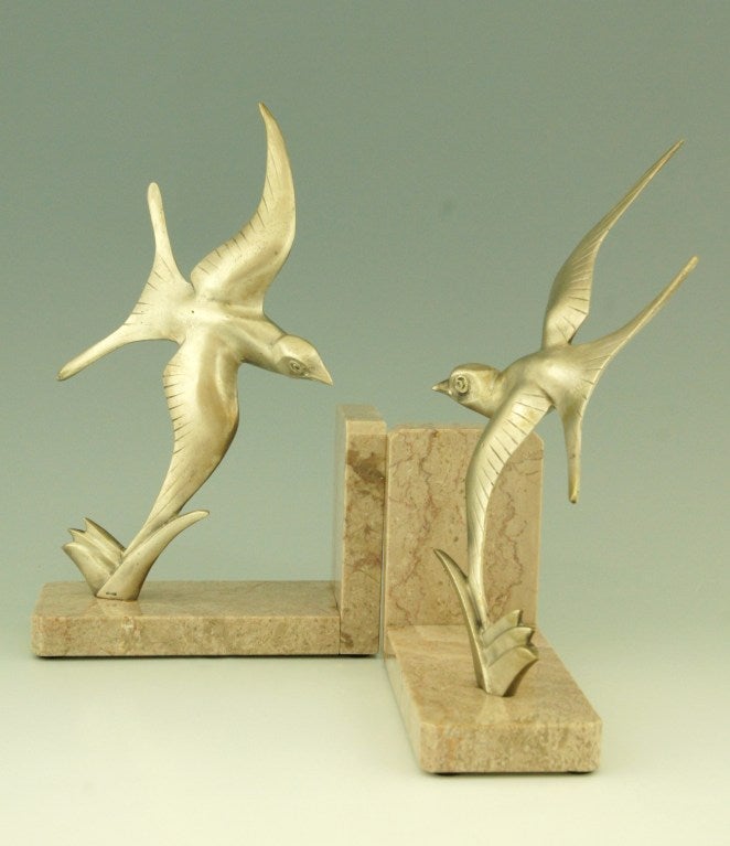 Pair of Bronze Art Deco Swallow Bookends by Alexandre Ouline 5