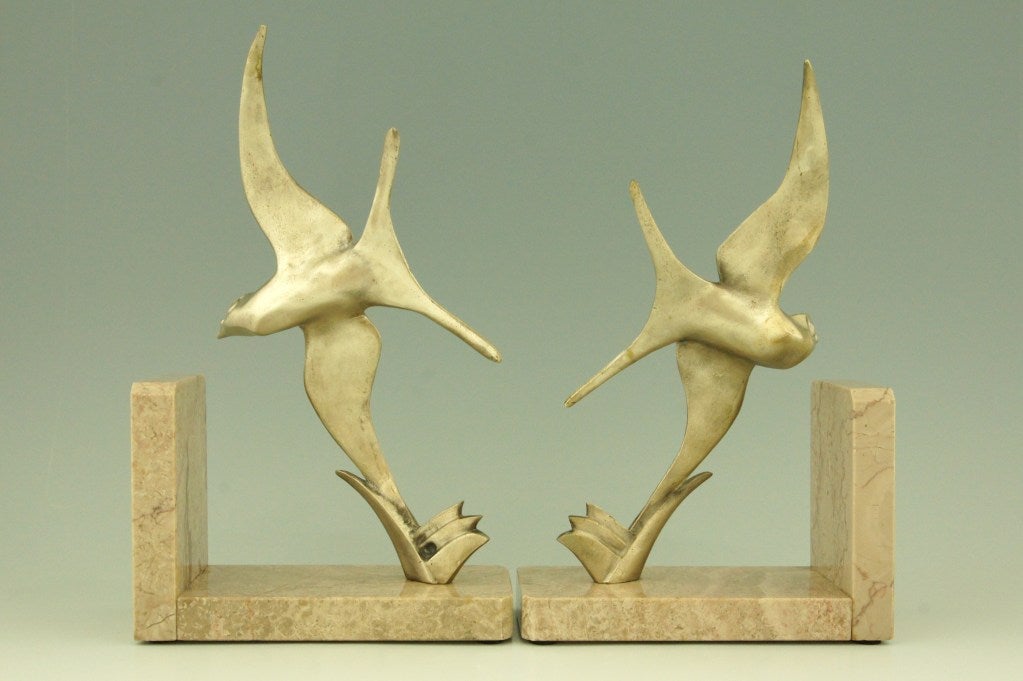 French Pair of Bronze Art Deco Swallow Bookends by Alexandre Ouline