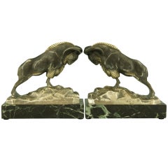 Art Deco Bronze Ibex Bookends By C. Charles, Patrouilleau Ed.