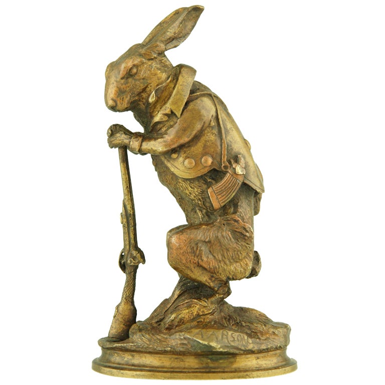 Antique Bronze of a Hare Dressed as Hunter By A. Arson
