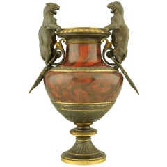 Antique Bronze and Marble Vase with Panthers Signed Boiron