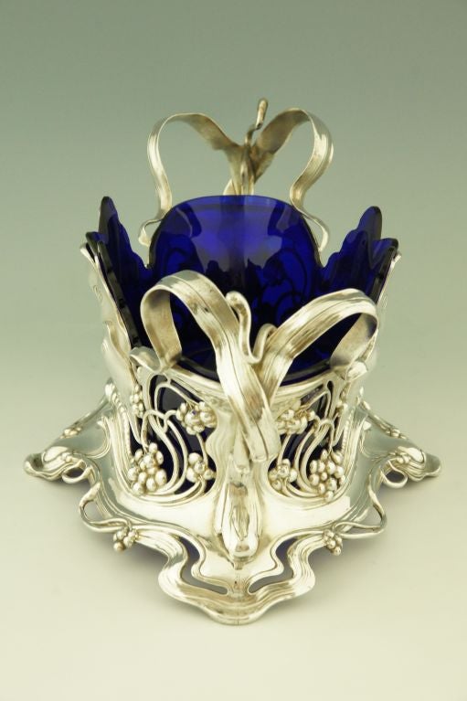 German Art Nouveau flower dish with butterflies and blue glass by WMF.
