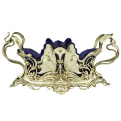 Art Nouveau flower dish with butterflies and blue glass by WMF.