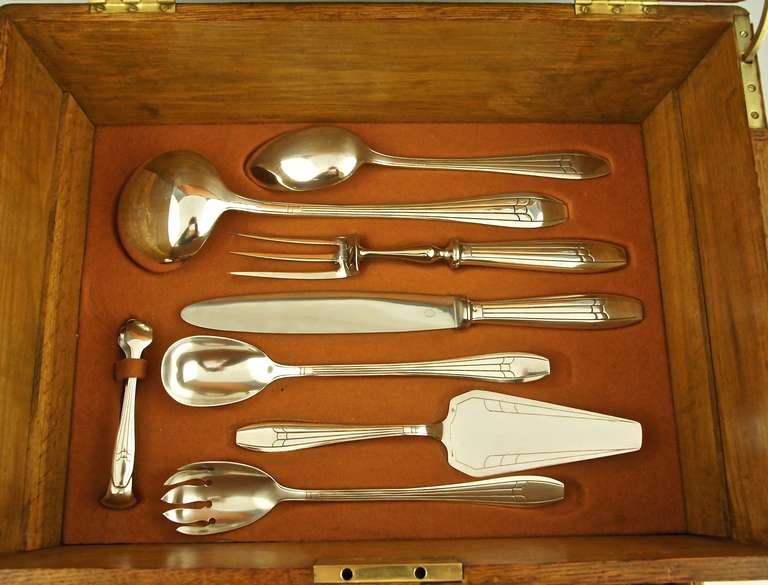 An original 92 piece art deco silver plated cutlery set for 12.  
7 x 12 = 84  plus 8 serving utensils 
The set is contained in its original wooden box.
Maker:  Argental, France.
Marks:  Argental mark.
Style:  Art Deco. 		
Date:  Ca.