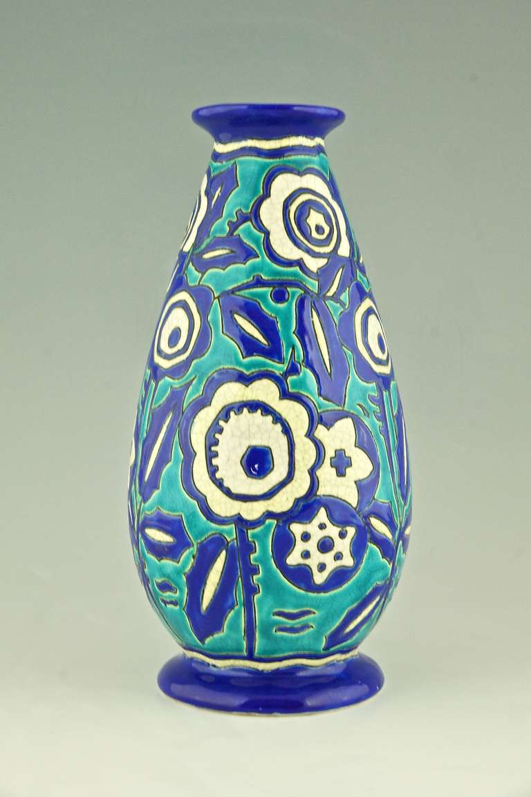 Turquoise Pair of Art Deco Vases by Boch Freres Keramis, Belgium 1929