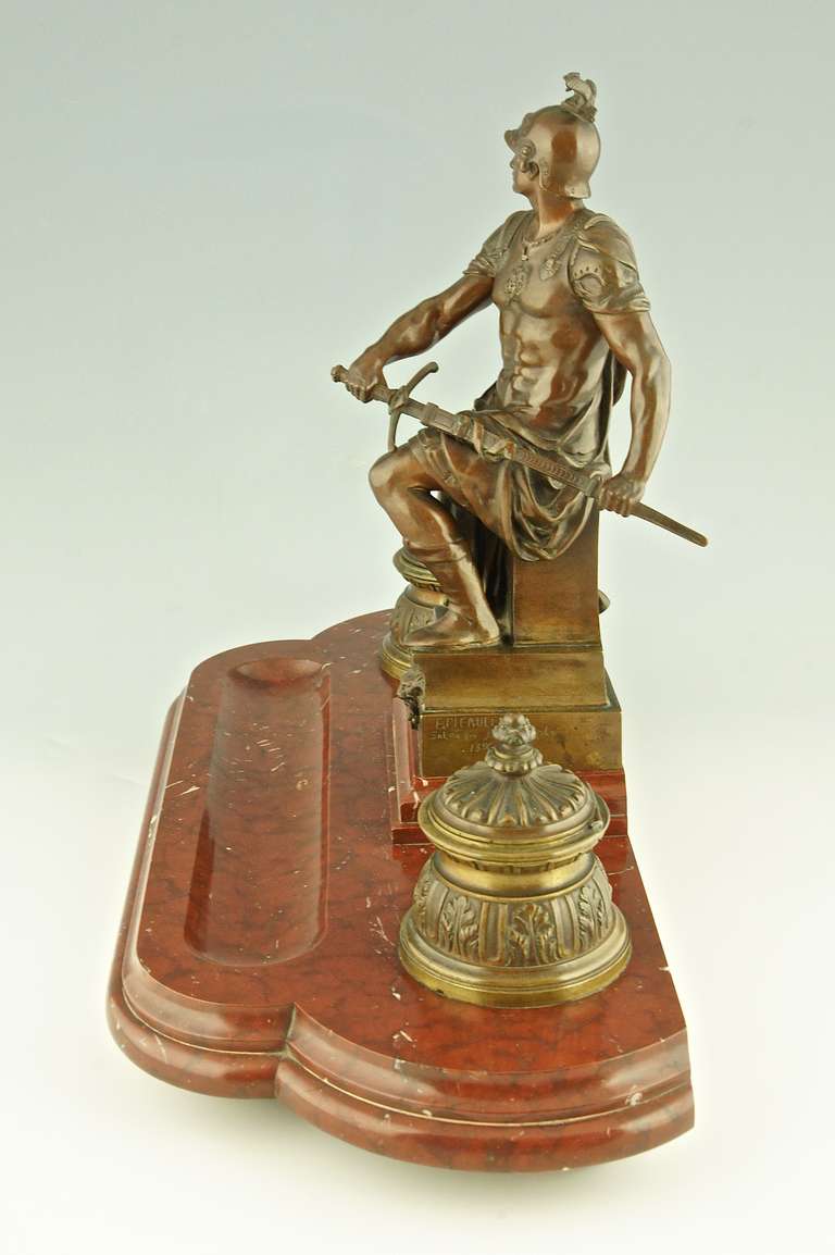 Romantic French Bronze sculptural Inkwell with classical soldier by Picault 1896.