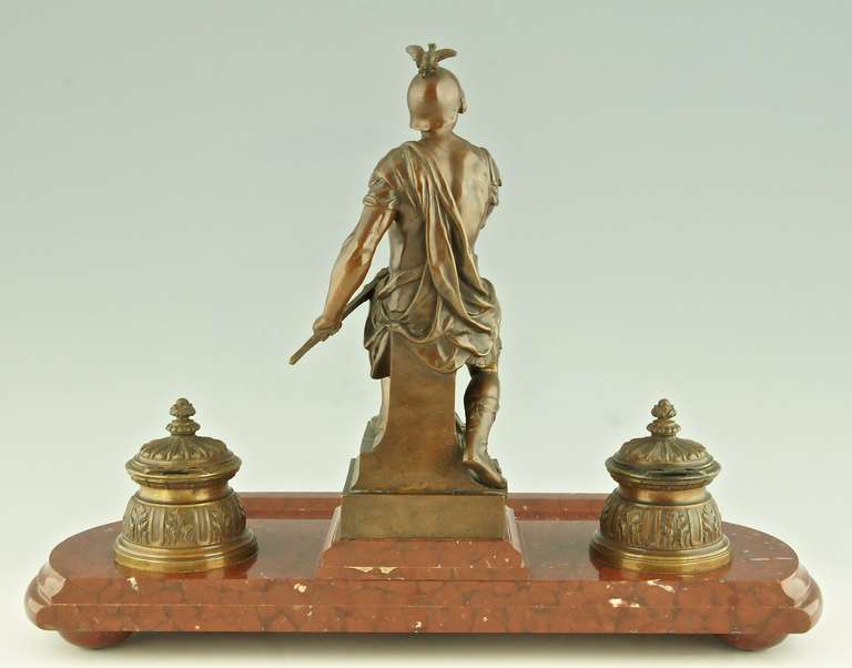 Patinated French Bronze sculptural Inkwell with classical soldier by Picault 1896.