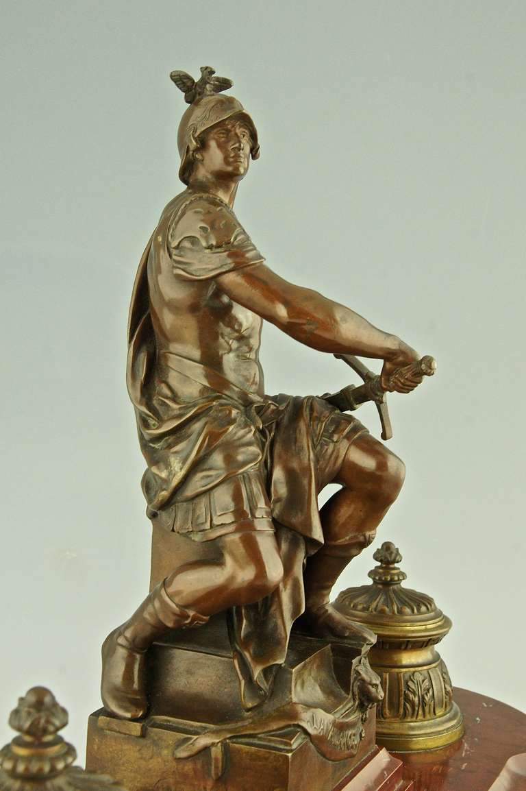 19th Century French Bronze sculptural Inkwell with classical soldier by Picault 1896.