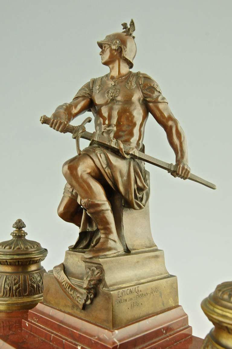 French Bronze sculptural Inkwell with classical soldier by Picault 1896. 3