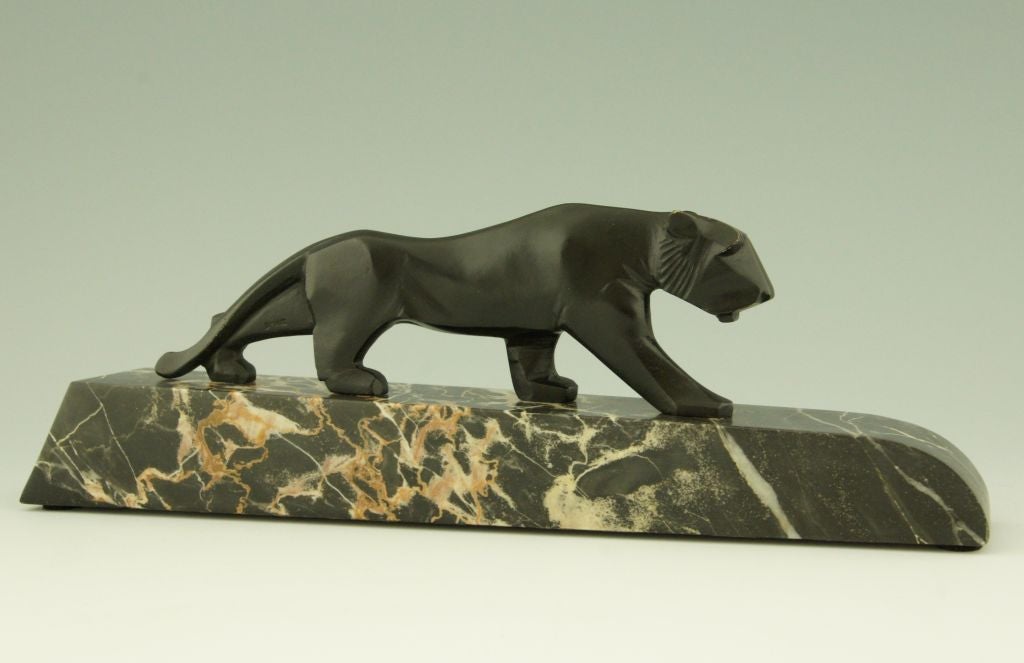 Art Deco Bronze Panther on Marble Base Signed Luc