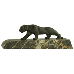 Art Deco Bronze Panther on Marble Base Signed Luc