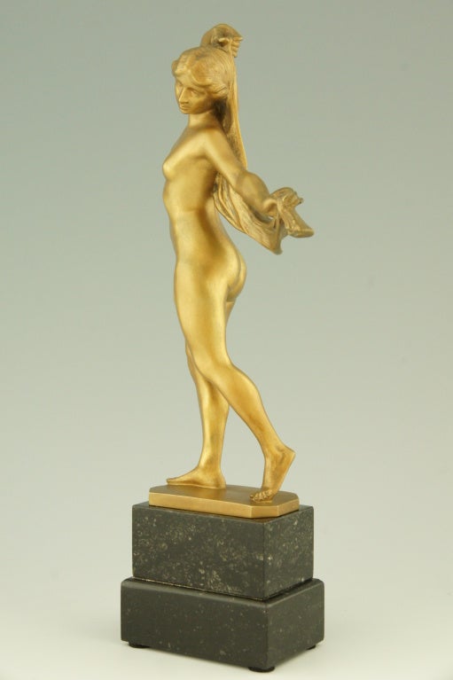 Art Nouveau Bronze Nude Holding a Scarf by Rudolf Kaesbach