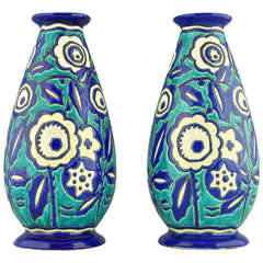 Antique Pair of Art Deco Vases by Boch Freres Keramis, Belgium 1929
