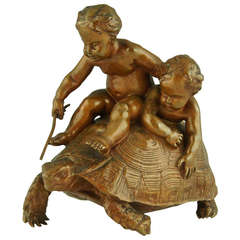 Bronze ancien représentant deux garçons sur une tortue par Barrias, fonderie Barbedienne, 1877