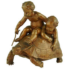 Antique Bronze of Two Boys on a Tortoise by Barrias, Barbedienne Foundry, 1877