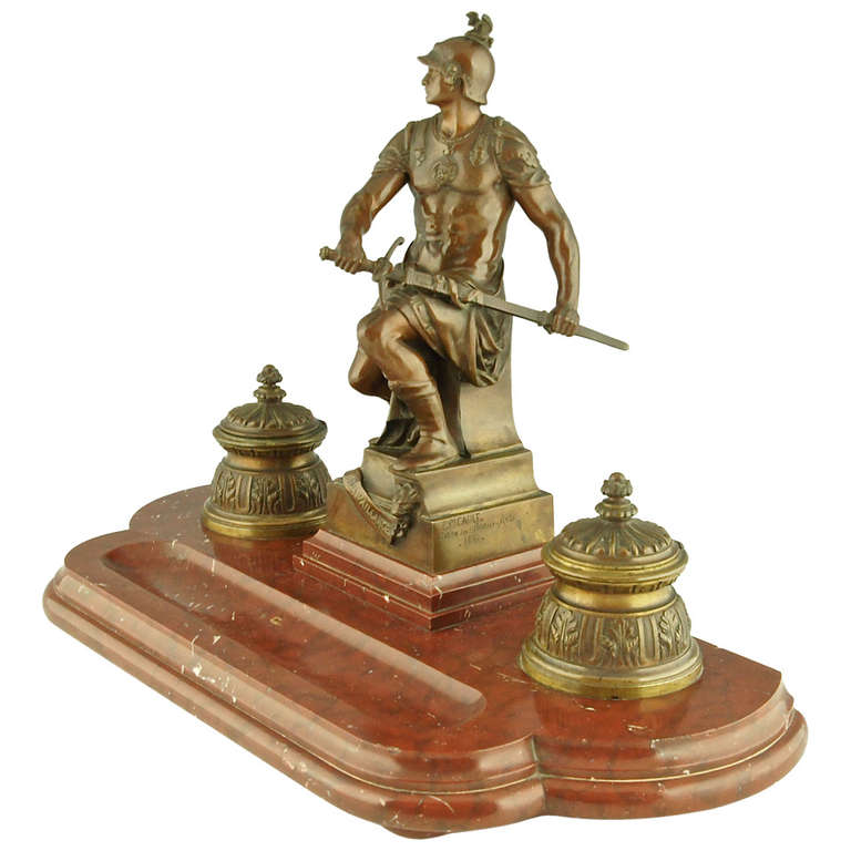 French Bronze sculptural Inkwell with classical soldier by Picault 1896.