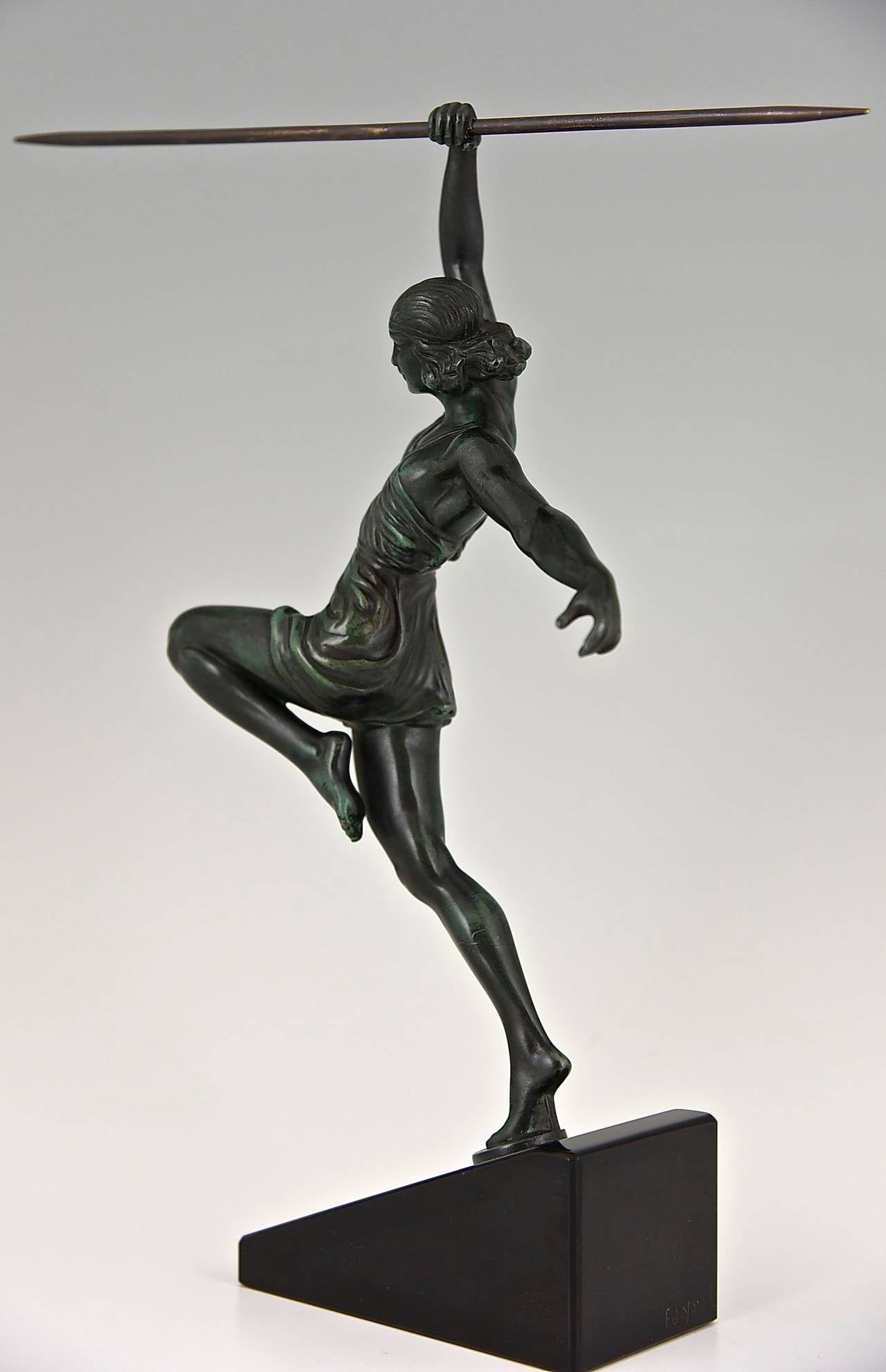 Patinated French Art Deco Sculpture by Fayral, Female Javelin Thrower, 1935