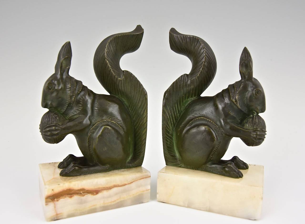 Patinated French Art Deco Bronze Squirrel Bookends by Georges Rigot