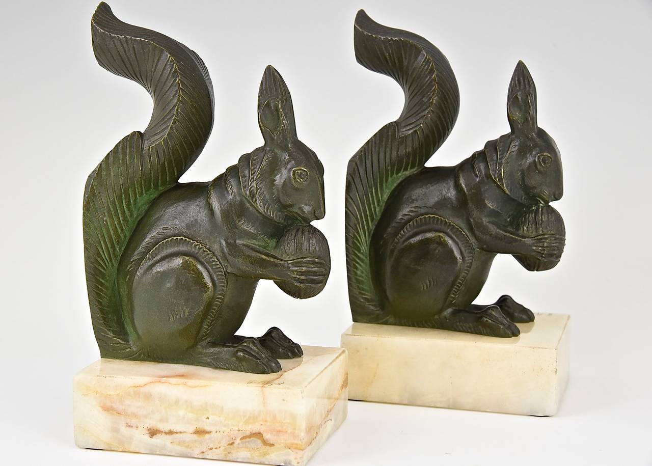 French Art Deco Bronze Squirrel Bookends by Georges Rigot 1