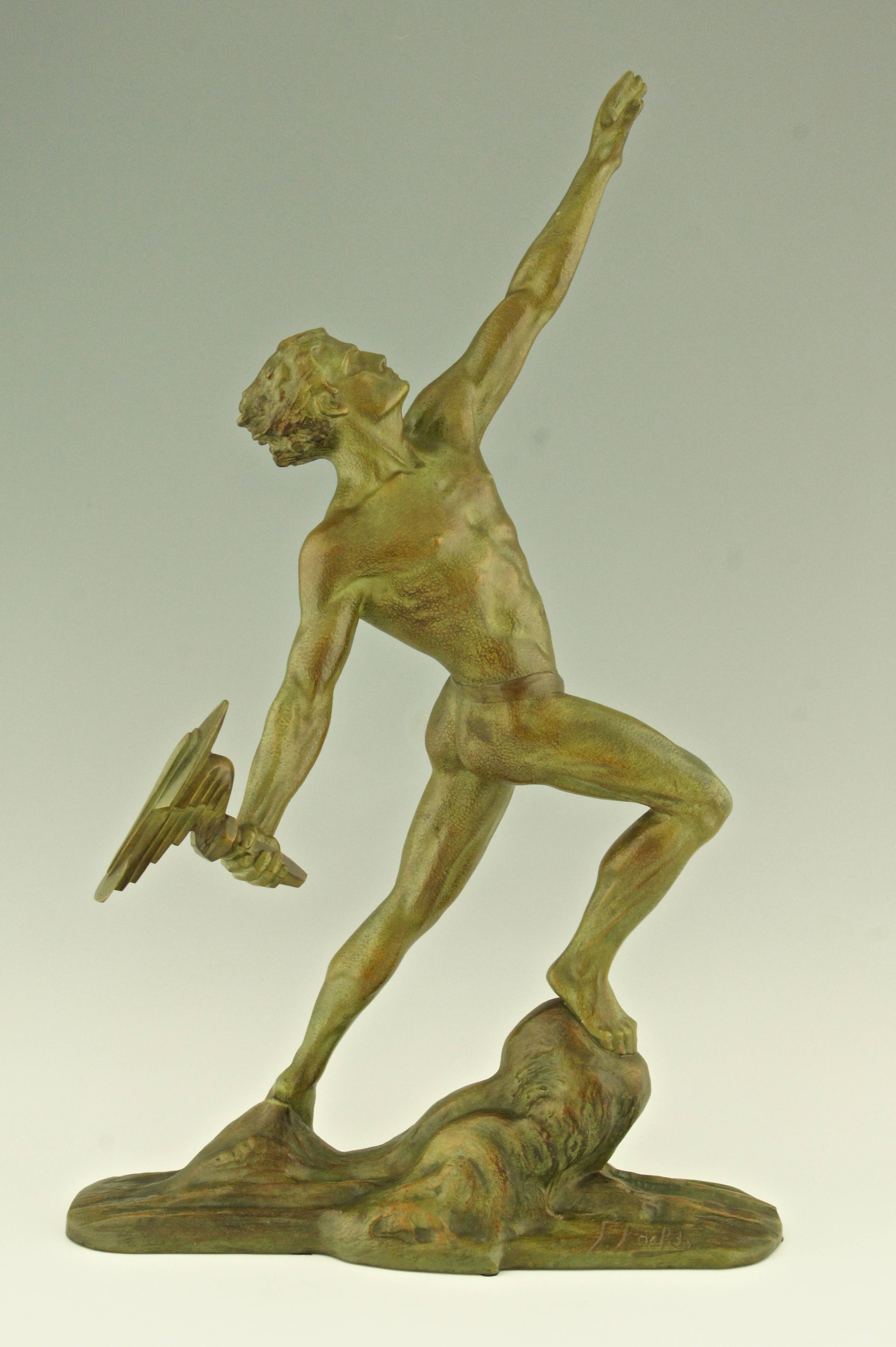 Art deco bronze of a man with a flaming torch by Frederic Focht