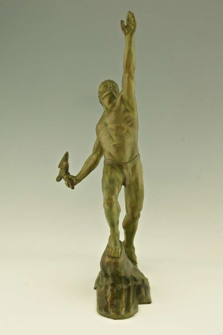 Art Deco Art deco bronze of a man with a flaming torch by Frederic Focht
